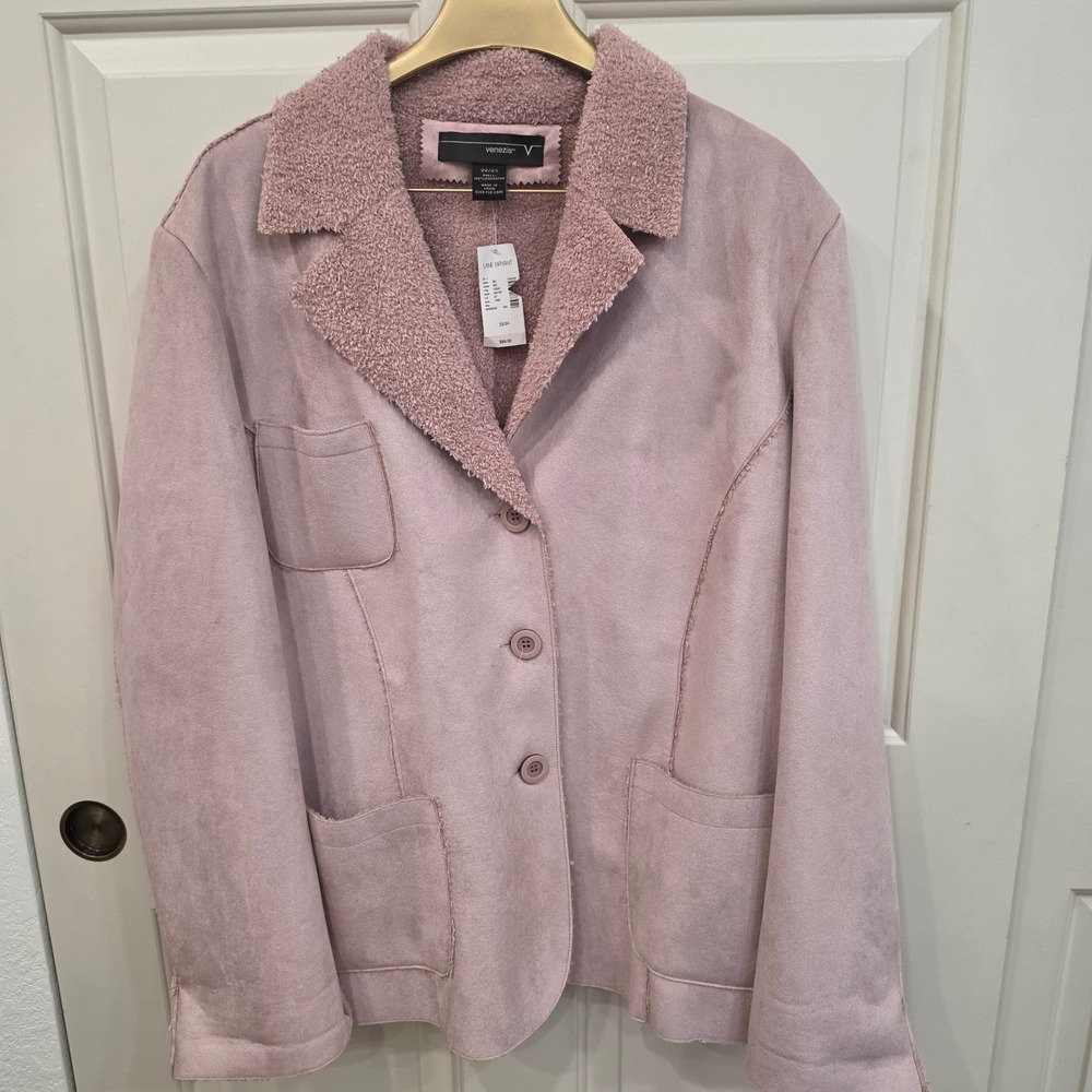 Venezia Lane Bryant Faux Suede Shearling Jacket 22/24 Pink Button Front Coat NWT